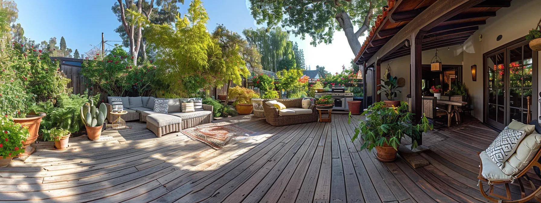 a beautifully remodeled deck, adorned with vibrant potted plants and cozy outdoor furniture, basks in warm sunlight, inviting relaxation and enhancing the home's appeal.