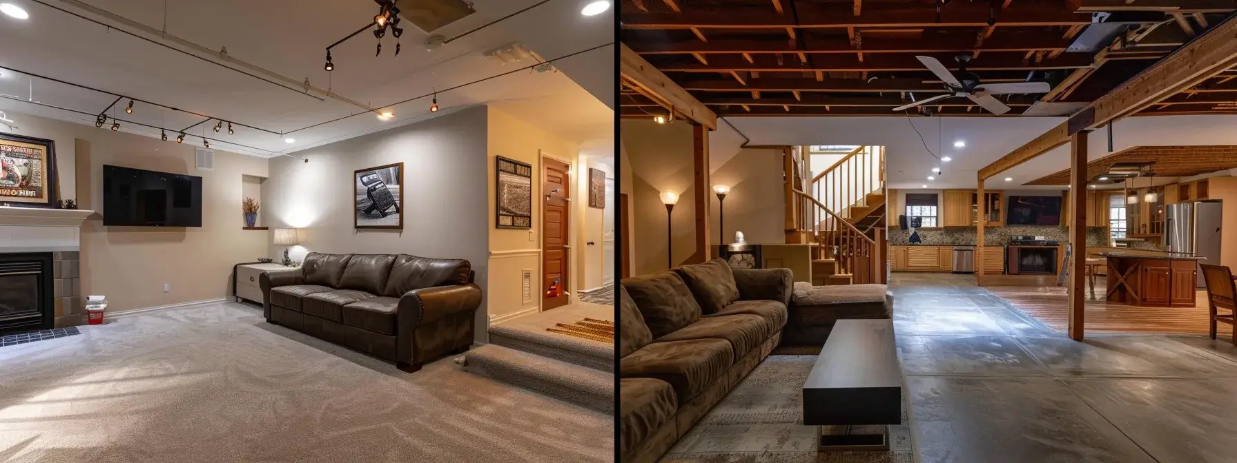 a cozy basement transformed into a stylish and functional living space, showcasing the benefits and challenges of basement finishing.