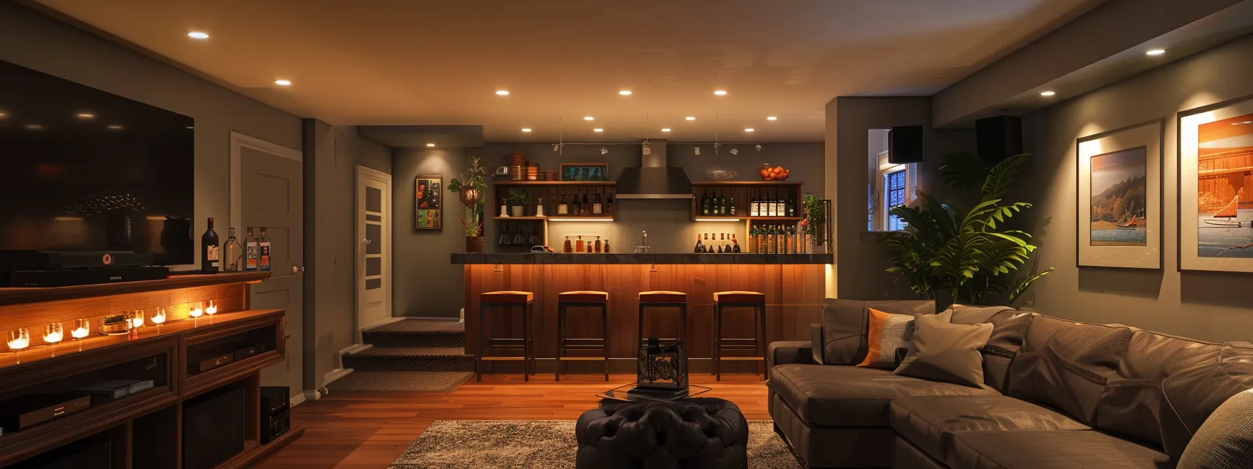 a cozy basement lounge illuminated by soft recessed lighting showcases the tax benefits of the renovated space.