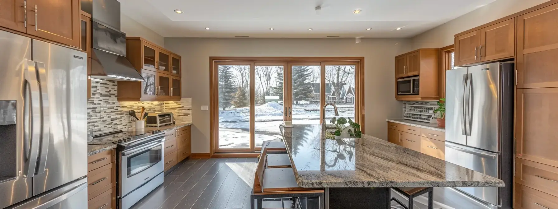 a modern kitchen with sleek, stainless steel appliances and granite countertops, showcasing cost-efficient renovation strategies for homeowners.