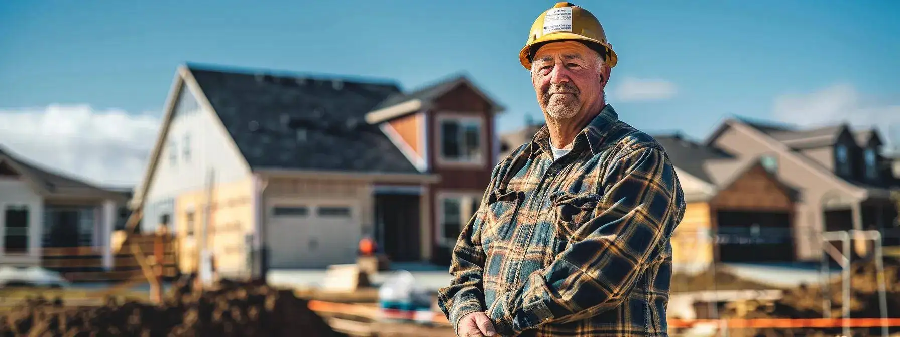 a confident general contractor stands amidst a bustling construction site in polk city, surveying plans with a backdrop of partially built homes and clear blue skies.