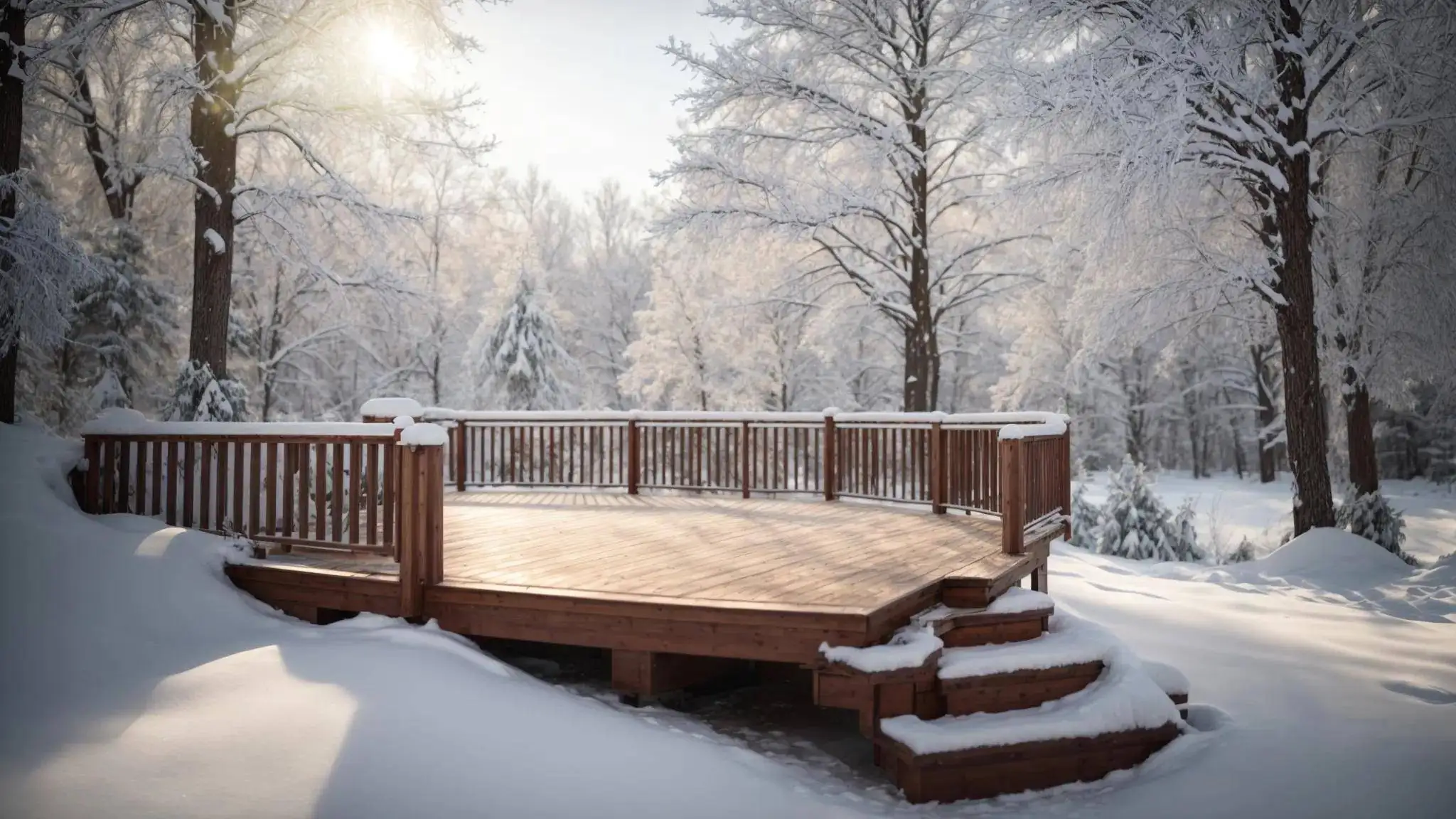 a beautifully crafted wooden deck, glistening with a fresh layer of snow and surrounded by serene winter landscapes, showcasing the advantages of winter construction in a striking and tranquil scene.