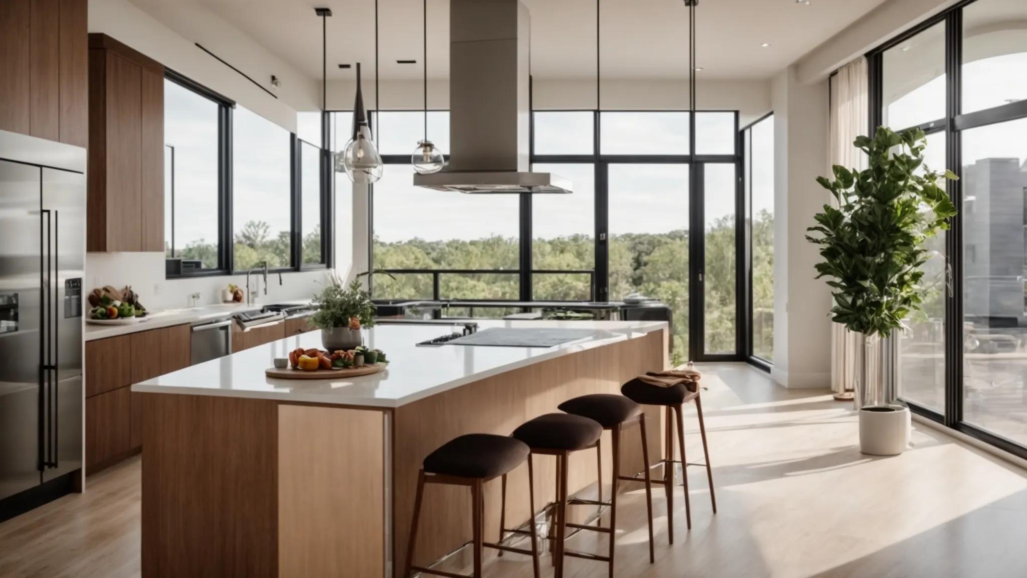 a beautifully renovated kitchen in polk city, featuring modern appliances, open space, and elegant finishes illuminated by warm, natural light streaming through large windows.