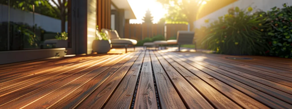 a beautifully arranged outdoor space features a stunning side-by-side comparison of rich, natural wood decking and sleek, modern synthetic decking, bathed in warm, golden sunlight that highlights their unique textures and colors.