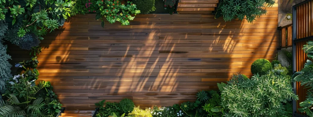 a beautifully constructed wooden deck extends into a vibrant outdoor space, surrounded by lush greenery and blooming flowers, exemplifying the seamless blend of expert craftsmanship and natural beauty.