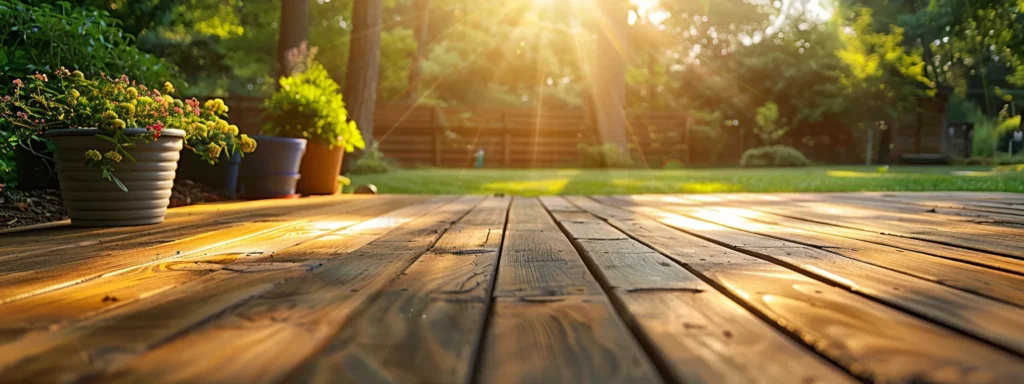 a beautifully crafted ground-level deck in polk city, showcased under soft golden sunlight, highlighting its durable wood and composite materials against a lush green backdrop.