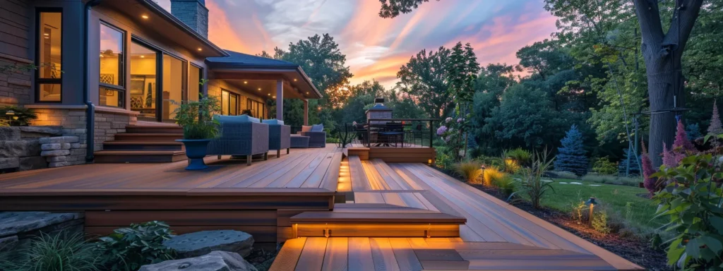 a beautifully crafted wooden deck, bathed in warm sunset light, showcases a cozy outdoor living space adorned with lush greenery, reflecting the craftsmanship and inviting atmosphere that busy builders brings to des moines.