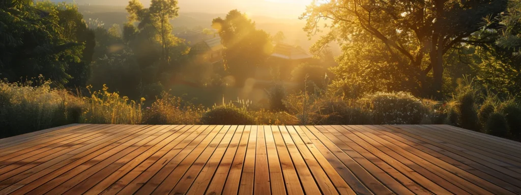 a beautifully crafted wooden deck overlooking a serene landscape, bathed in warm golden sunlight, symbolizing the seamless efficiency and expertise of professional builders.