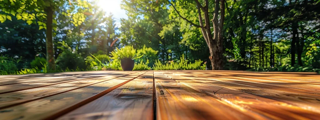 a beautifully crafted wooden deck stretches across a sunlit outdoor space, highlighting the rich grain and warm tones of cedar, set against lush greenery and a clear blue sky, embodying natural elegance and inviting tranquility.