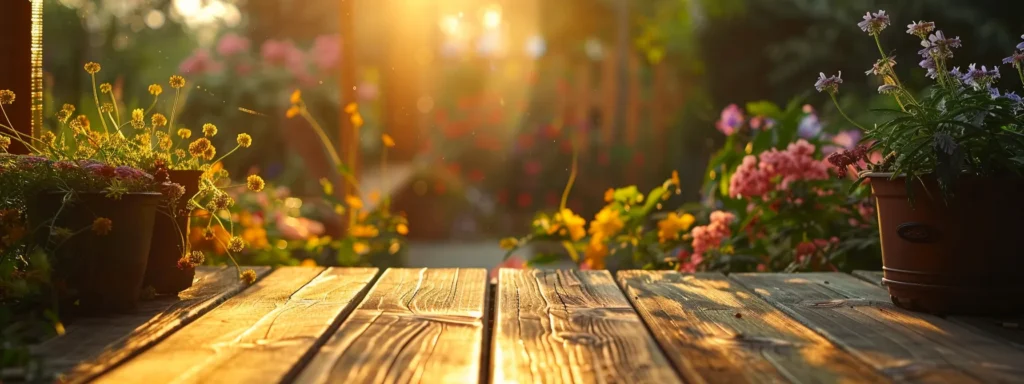 a beautifully crafted wooden deck, surrounded by lush greenery and vibrant flowers, showcases intricate design features that harmoniously blend with the outdoor living space, bathed in warm golden hour sunlight.