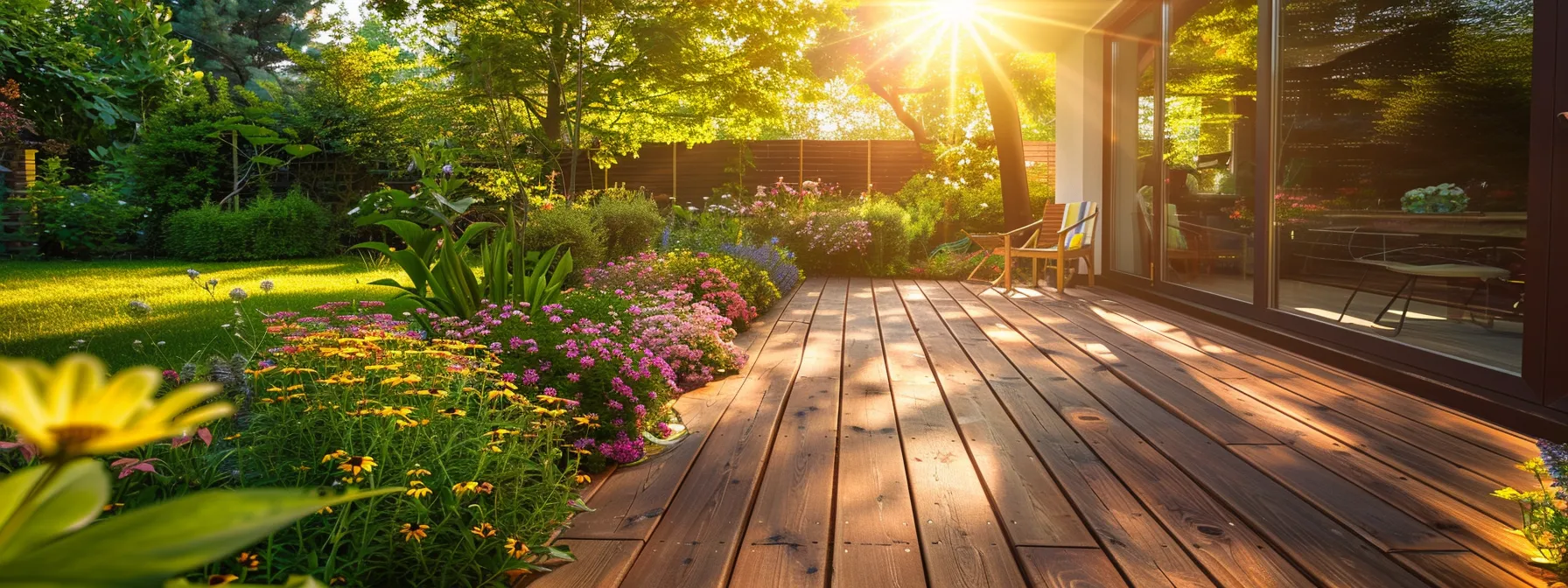 a beautifully crafted wooden deck extends into a sunlit backyard, framed by vibrant greenery and blooming flowers, showcasing the expert craftsmanship and inviting atmosphere perfect for outdoor gatherings.