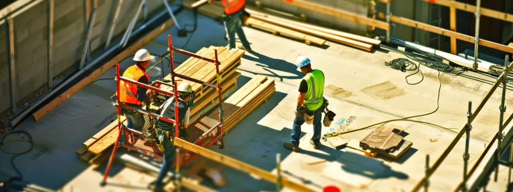 a busy construction site showcases professionals diligently replacing an old wooden deck with a modern, durable composite one, emphasized by warm sunlight illuminating the meticulous craftsmanship and safety gear.