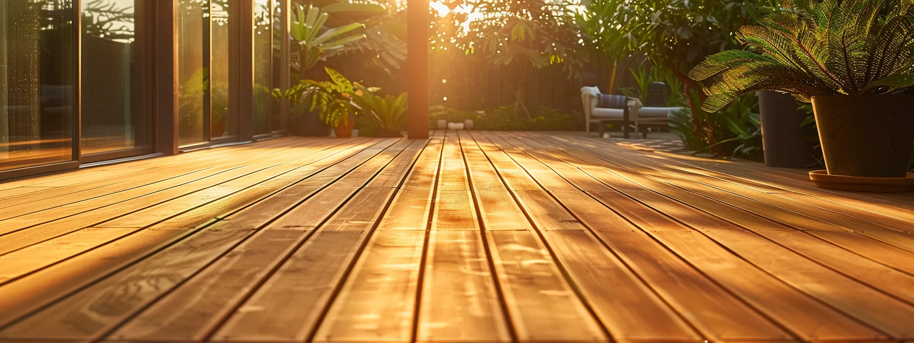 a stunning outdoor deck bathed in golden sunlight, showcasing a vibrant, natural wood surface on one side and a sleek, polished synthetic decking on the other, inviting viewers to contemplate the elegance of nature versus modern design.