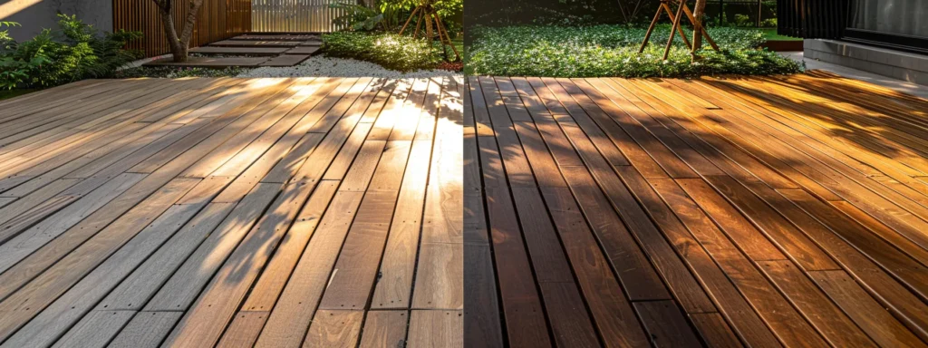 a vibrant outdoor setting showcases a beautifully contrasted side-by-side comparison of rich, natural wooden decking and sleek, modern synthetic decking, bathed in warm sunlight to highlight their textural differences and aesthetic appeal.