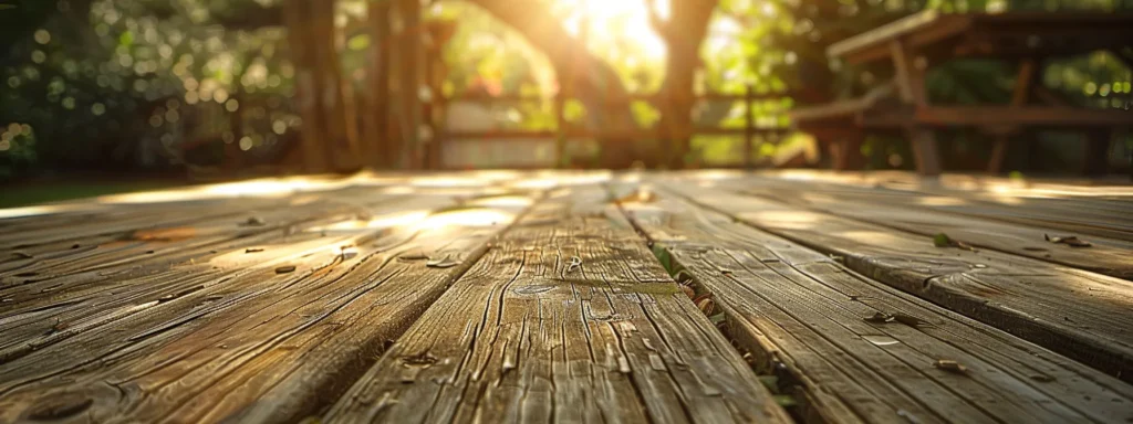 a weathered wooden deck, marred by visible rot and fading hues, stretches into a sunlit backyard, symbolizing the challenges homeowners face with maintenance and durability.