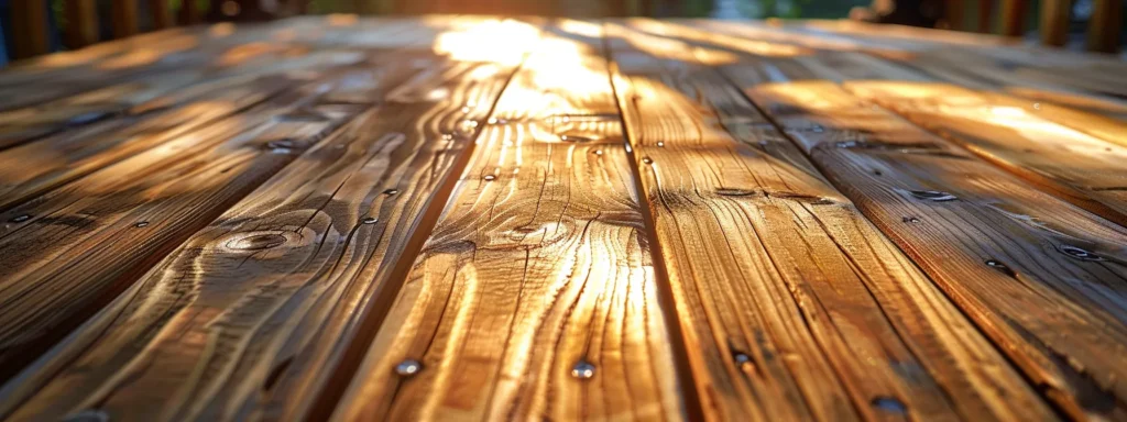 a well-maintained wooden deck gleams under the warm afternoon sun, showcasing expertly repaired boards and sturdy anchors, emphasizing the meticulous craftsmanship of professional repair services.