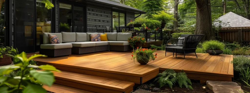 an inviting outdoor deck in des moines showcases a freshly resurfaced wooden surface, surrounded by vibrant greenery, with a welcoming patio setting that emphasizes a seamless flow between indoor and outdoor living.