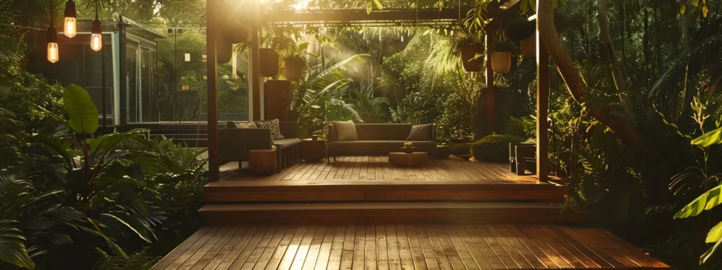 a stunning outdoor scene showcases a beautifully crafted wooden deck, designed with custom features and surrounded by lush greenery, bathed in warm evening light that highlights the quality craftsmanship and inviting atmosphere.