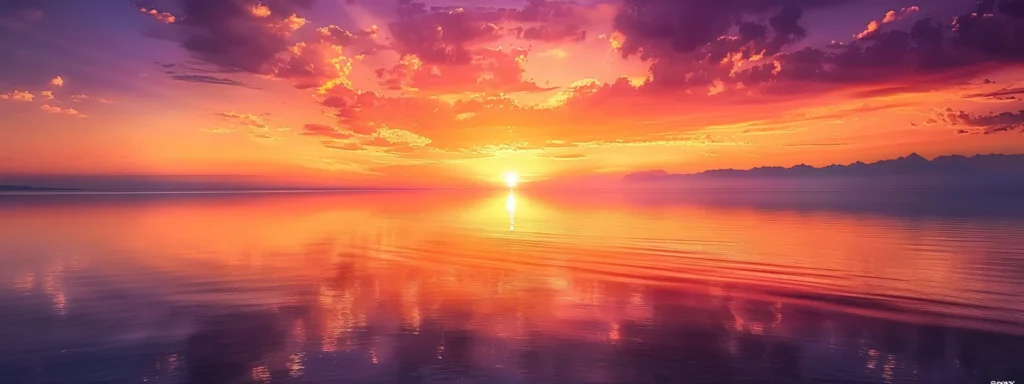 a breathtaking sunset casts a warm golden light over a serene lake, where the sky reflects vibrant hues of orange and purple, creating a tranquil and picturesque landscape.