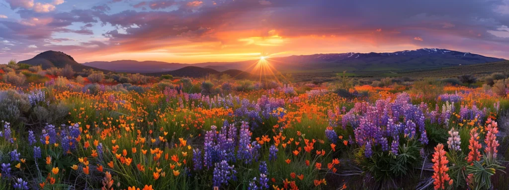 a vibrant sunset casts a golden glow over sweeping fields of wildflowers, creating a breathtaking panorama of color and natural beauty.