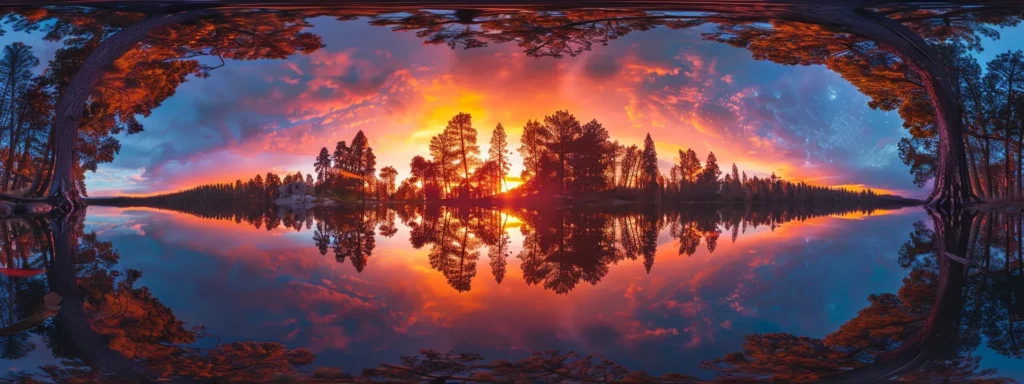 a breathtaking panorama of a vibrant sunset over a tranquil lake, reflecting brilliant hues of orange and pink, with silhouettes of tall pine trees framing the scene.