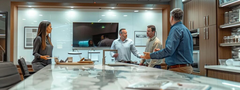 Understanding Kitchen Remodel Cost for Your Project 6 a focused, modern kitchen renovation meeting takes place in a sleek, well-lit conference room, with a contractor and homeowner engaged in a detailed discussion, surrounded by samples of quartz countertops and cabinetry textures.