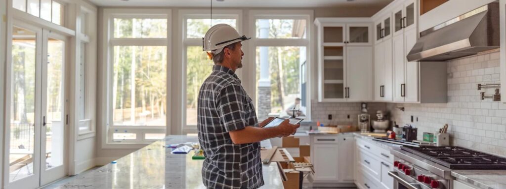 Understanding Kitchen Remodel Cost for Your Project 7 a meticulously organized construction site showcases a homeowner inspecting the high-end finishes of a kitchen expansion, with polished countertops, aligned stainless steel fixtures, and a detailed quality control checklist prominently displayed on a tablet amidst the ongoing renovations.