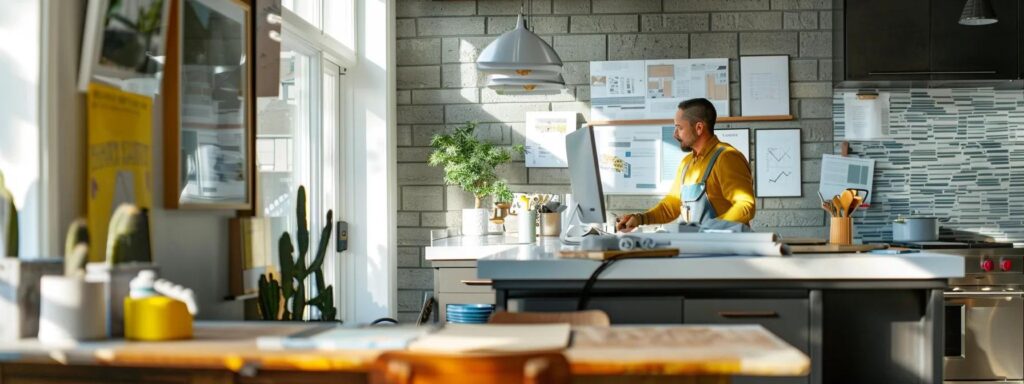 Understanding Kitchen Remodel Cost for Your Project 3 a modern kitchen renovation office with an organized contractor's workspace, showcasing detailed project plans and swatches, while a homeowner engages in conversation, emphasizing a collaborative and professional atmosphere.