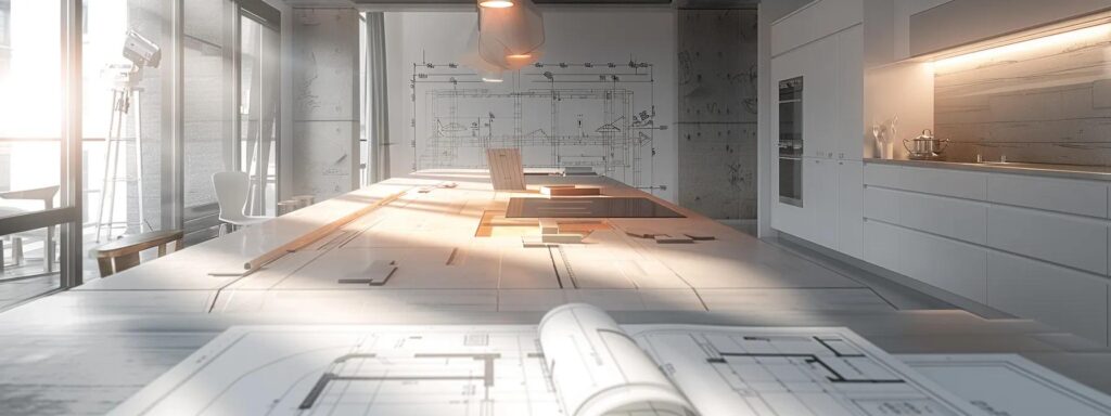 Understanding Kitchen Remodel Cost for Your Project 2 a modern kitchen under renovation, showcasing open spaces marked for expansion, with architectural blueprints and samples of sustainable materials laid out on a sleek countertop, illuminated by bright overhead lights in an urban setting.
