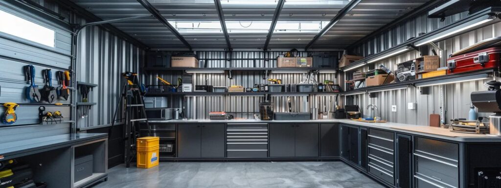 a modern, organized metal shed interior showcases various innovative accessories, including shelving, tools, and storage solutions, set against a backdrop of sleek metal walls and ambient lighting that highlights functionality and efficiency.