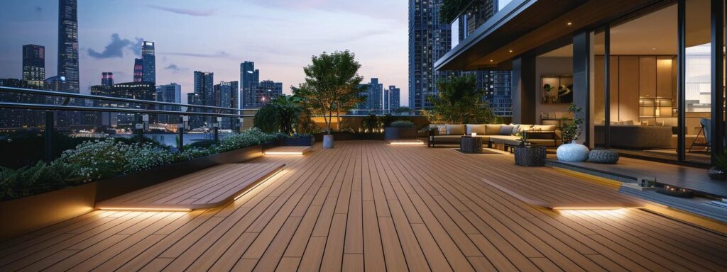 Composite Deck vs Wood Deck: Pros and Cons Explained 5 a modern outdoor deck showcasing a remarkable comparison between textured composite decking and traditional wood planks, with distinct safety features highlighted against a contemporary urban backdrop, emphasizing slip resistance and durability.