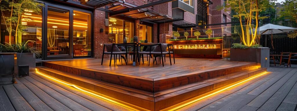 Transform Outdoor Spaces with Expert Deck Builder in Iowa 3 a modern outdoor patio seamlessly integrated with a stylish wooden deck showcasing elegant design elements and rich textures, illuminated by soft, ambient lighting to highlight the harmonious aesthetic.
