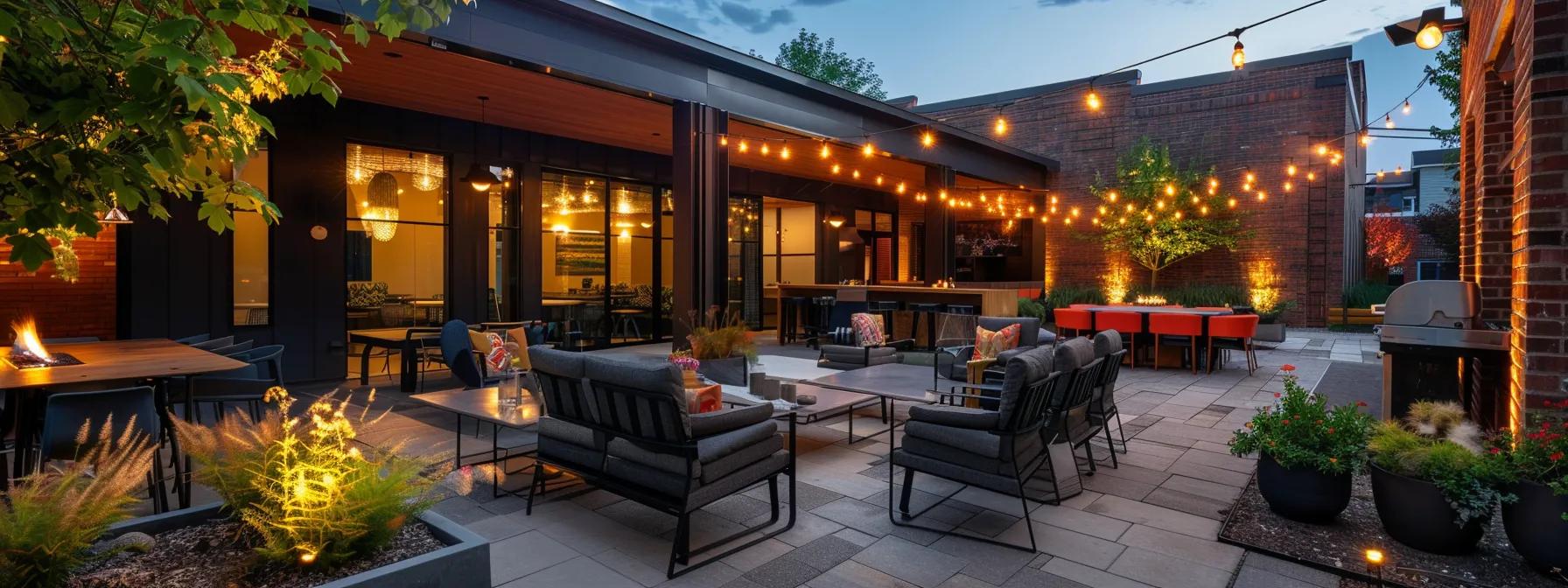 a modern patio design showcases sleek furniture and innovative lighting in a stylish, urban outdoor setting, emphasizing the best design trends of 2025 in iowa.