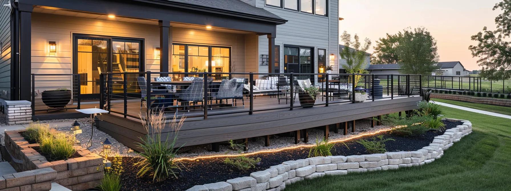 a modern, sleek deck design showcases a stunning outdoor living space, complete with elegant furniture and sophisticated finishes, set against the backdrop of a stylish urban home in iowa.