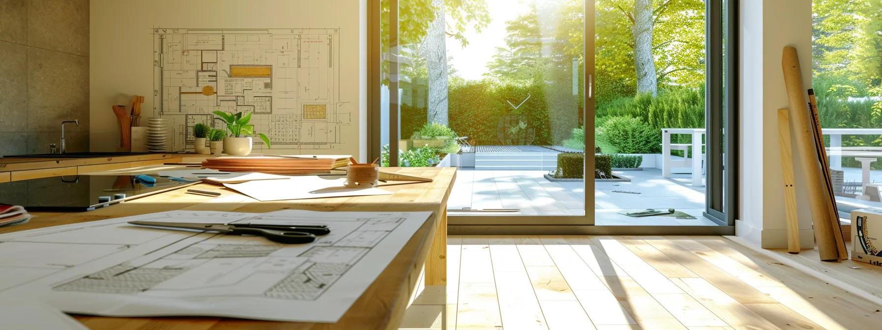 a modern, sleek home interior showcases a stylish living space under construction, highlighting innovative extension designs and dynamic layouts, with architectural plans and tools visible amidst the active renovation.