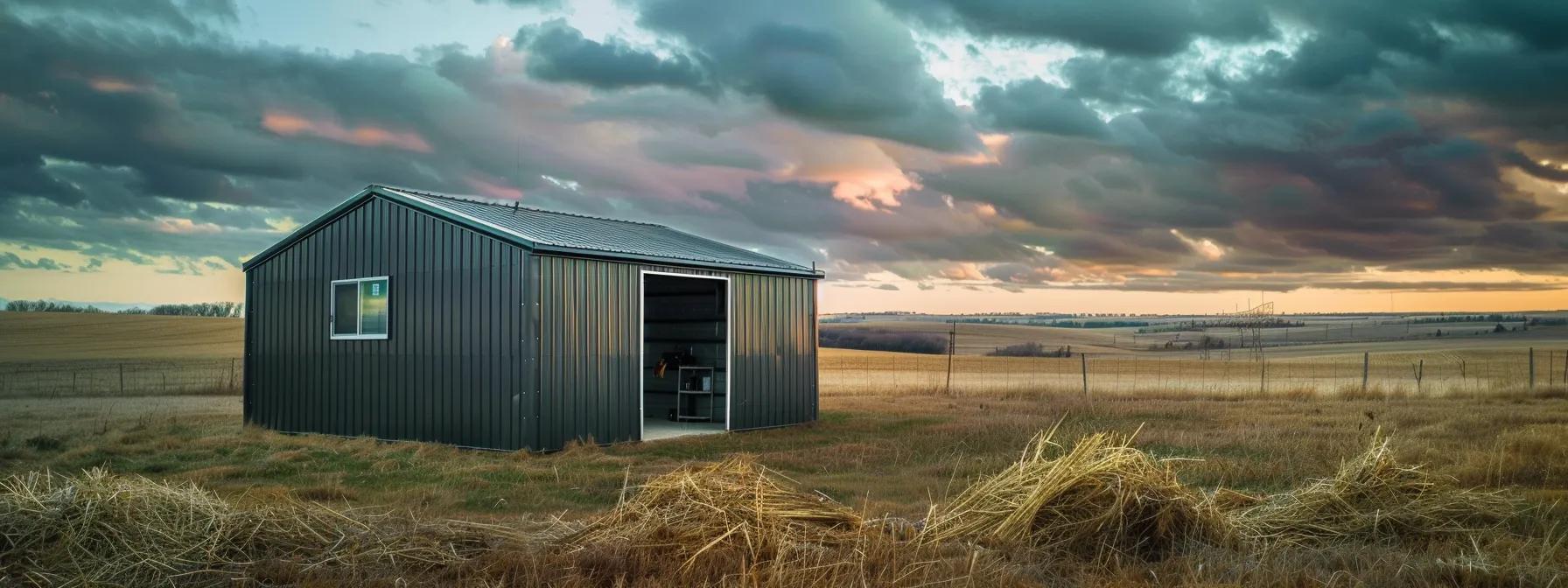 a rugged, well-equipped metal shed stands prominently in a rural des moines landscape, showcasing essential storage tools and equipment against a backdrop of expansive farmland under a dramatic sky.