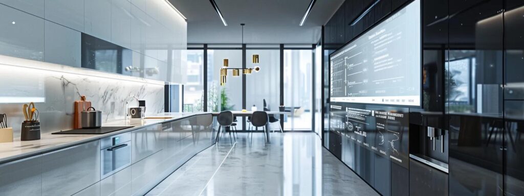 Understanding Kitchen Remodel Cost for Your Project 5 a sleek, modern kitchen under renovation showcases a structured timeline displayed on a large digital screen, highlighting key project milestones while workers diligently coordinate the transformation amidst a meticulously organized space.