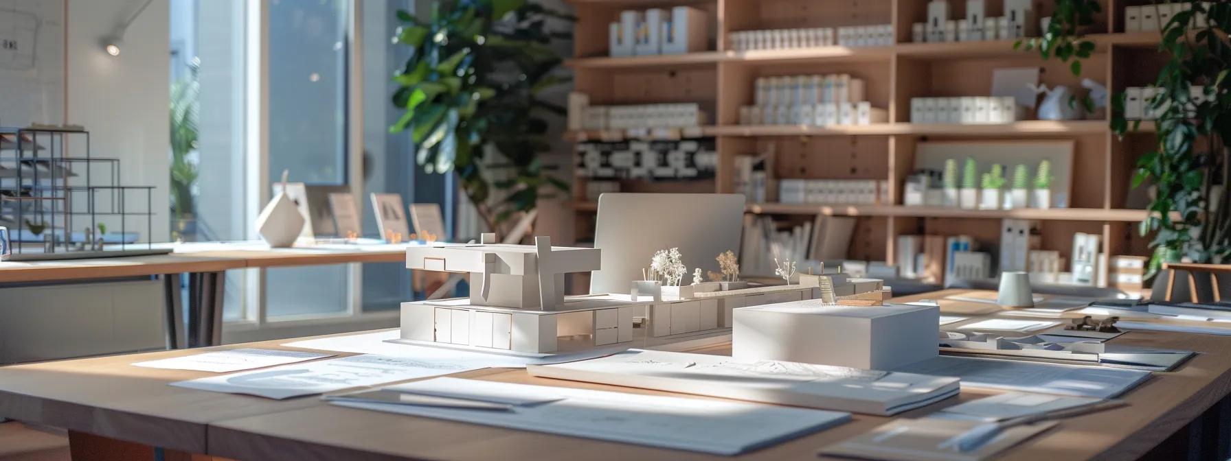 a sleek, modern office filled with blueprints and architectural models, showcasing the innovative and meticulous process of custom home building in grimes.