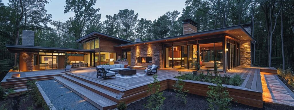 Custom Deck Builder: Expert Solutions from Busy Builders 6 a beautifully designed custom deck extends from a modern home, featuring sleek lines and premium materials, bathed in warm ambient lighting that highlights its craftsmanship and invites a sense of upscale living.
