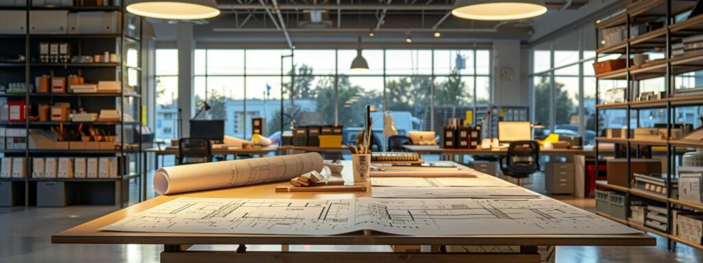Custom Deck Builder: Expert Solutions from Busy Builders 5 a modern office space filled with blueprints and sample materials for custom decks, showcasing a sleek design table illuminated by bright overhead lights, emphasizing the detailed cost breakdowns and renovation plans for discerning homeowners.