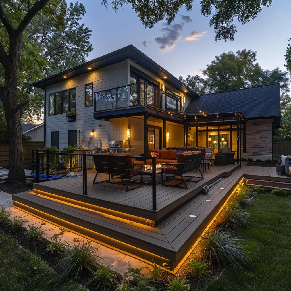 Why Busy Builders Should Be Your Go-to for Decks in Cumming, IA 1 a modern, well-designed deck in a stylish cumming, ia backyard features sleek furniture and vibrant decor, illuminated by warm evening lights, showcasing the craftsmanship of busy builders.