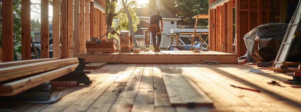 Custom Deck Builder: Expert Solutions from Busy Builders 2 a skilled builder meticulously assembles a custom deck with advanced tools in a modern construction environment, showcasing a seamless blend of traditional craftsmanship and innovative engineering.