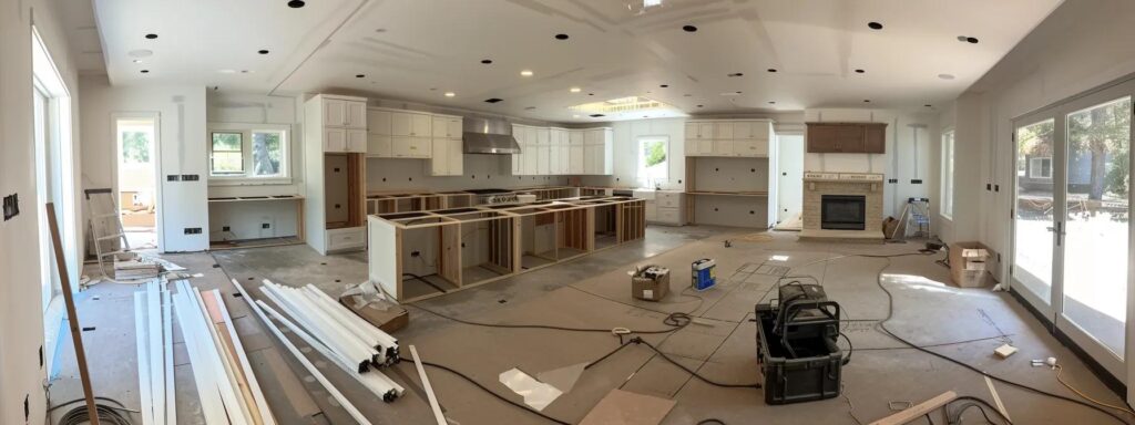 Is 2025 the Year for Your Kitchen Remodel With Busy Builders? 2 an organized and modern kitchen remodel in progress, showcasing busy builders' efficient project management with skilled professionals diligently assessing layouts and coordinating intricate renovations amidst stylish cabinetry and tools.