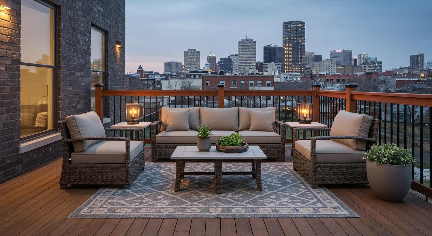 a modern urban deck showcasing a versatile design, featuring cozy seating and elegant decor, set against the backdrop of a bustling des moines city skyline, beautifully illustrating custom deck solutions for every season.