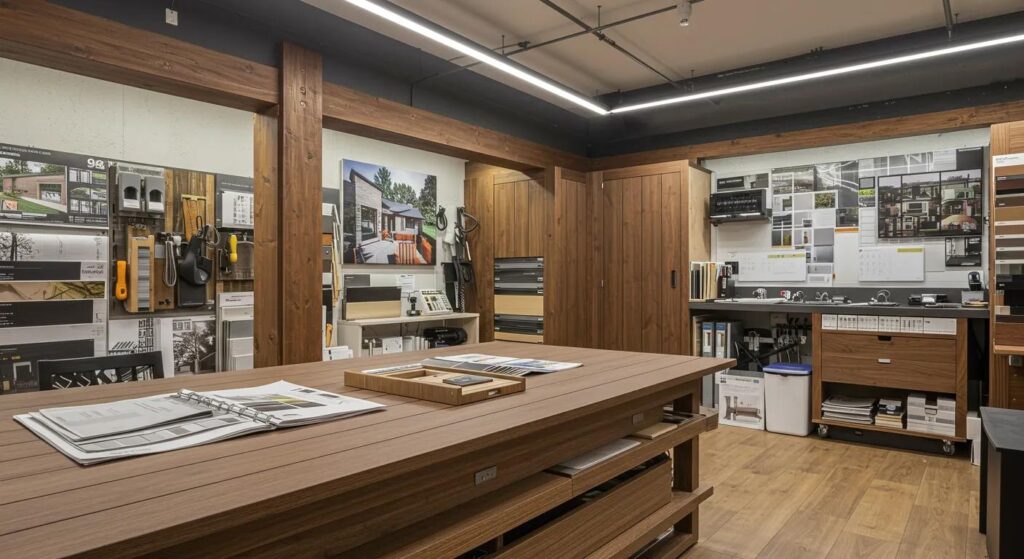 Composite vs. Wood: What Decks Suit Des Moines Best? 4 a modern, sophisticated home decked out in elegant composite and rich wooden materials, surrounded by an organized workspace featuring design samples and tools, demonstrating a thoughtful decision-making process for homeowners in des moines.