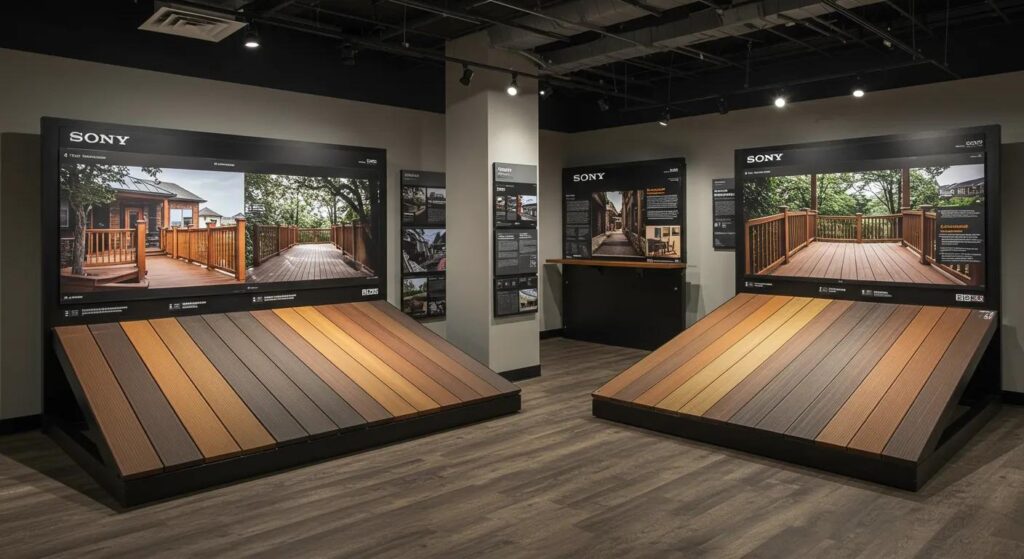 a sleek, modern office setting features a stylish presentation display showcasing various deck materials under bright, focused lighting, emphasizing durability and weather resistance for homeowners in des moines.