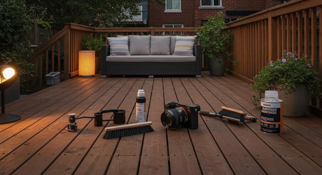 a well-maintained wooden deck gleams under soft ambient lighting, showcasing seasonal maintenance tools like a brush and a can of sealant, set against the backdrop of a stylish urban backyard in des moines.