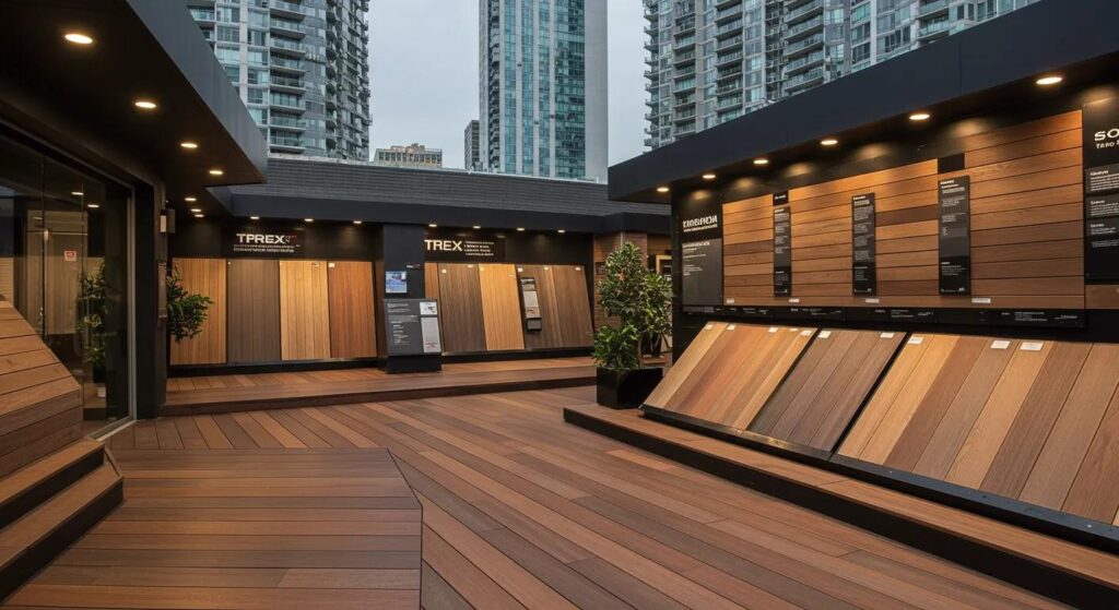 Durable Decking Materials for Iowa's Weather Conditions 4 a sleek, modern outdoor showroom showcases various high-quality decking samples from trusted brands like trex and timbertech, with a striking urban backdrop enhancing the scene's elegance.