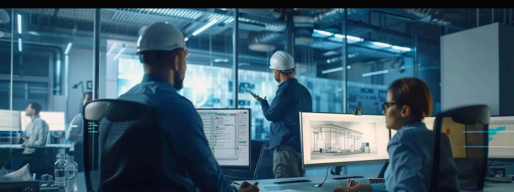 General Contractors: More Than Just Construction Workers! 4 a dynamic office scene captures a focused general contractor engaging in a vibrant discussion with a diverse team of architects and engineers, surrounded by blueprints and digital screens, emphasizing the essence of effective communication and coordination in construction project management.