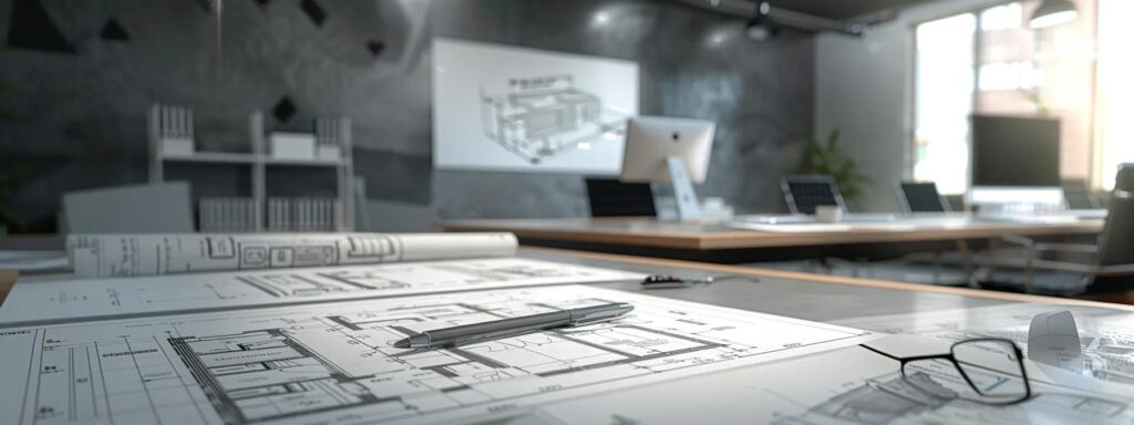 General Contractors: More Than Just Construction Workers! 2 a modern conference room is vividly illustrated, showcasing a large table surrounded by blueprints and project plans, with a digital projector displaying architectural designs on a sleek screen, emphasizing the meticulous pre-construction services provided by a general contractor.